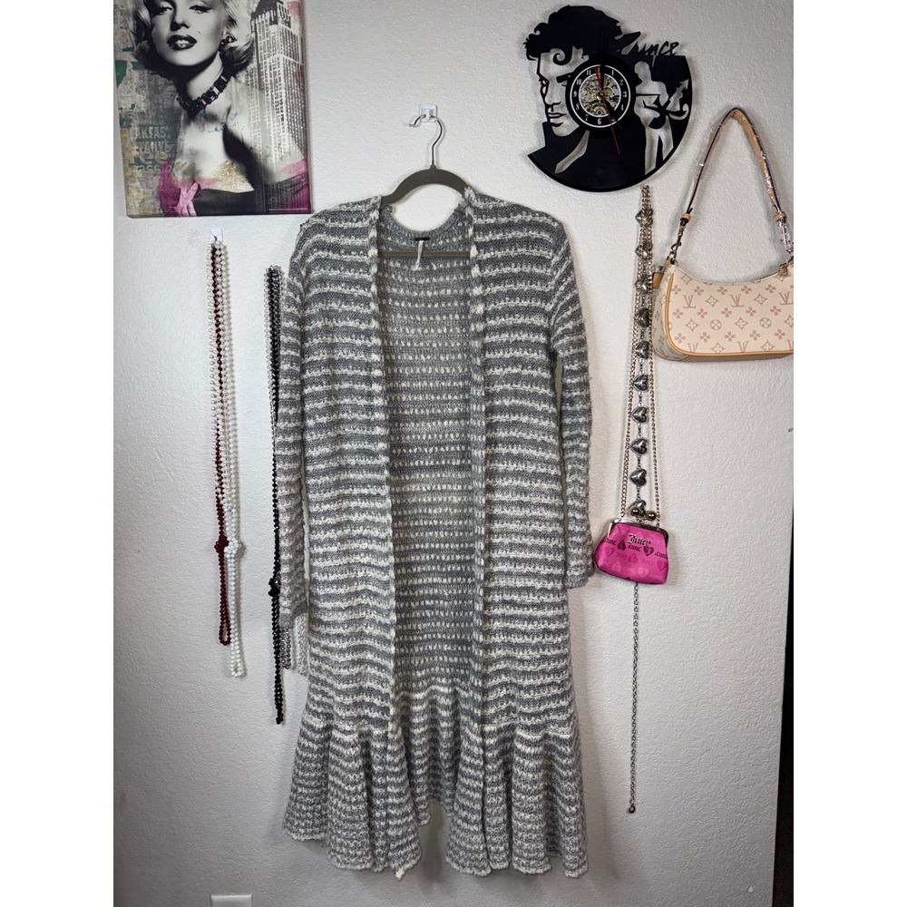 Free People Grey White Striped Ruffle Hem Duster Cardigan Sweater Wool Alpaca M